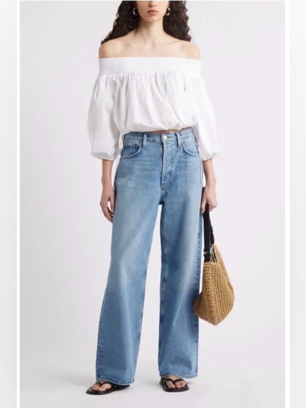 NWOT NORDSTROM 
Crop Drawstring Hem Boxy Fit Poplin Off-The-Shoulder Top Small